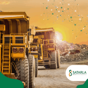 Yellow mining trucks in an open pit mine.